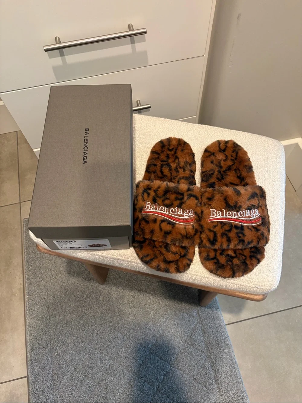 Balenciaga Mens Leopard Faux-Fur Slide Slippers - Brown/Black